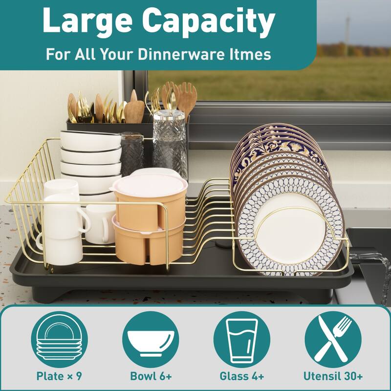 Dish Drying Rack for Kitchen Countertop, Gold Stainless Steel Dish Drainer with Drain Board, Utensil Holder & Anti-Slip Feet