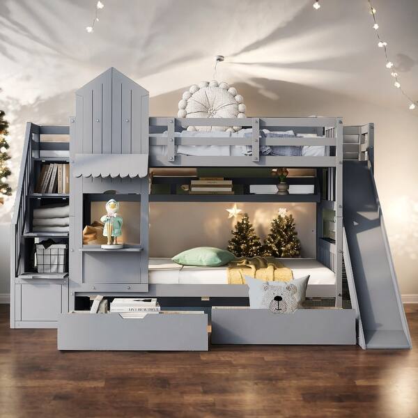 slide 2 of 12, Twin-Over-Twin Castle Style Bunk Bed with 2 Drawers 3 Shelves and Slide Grey