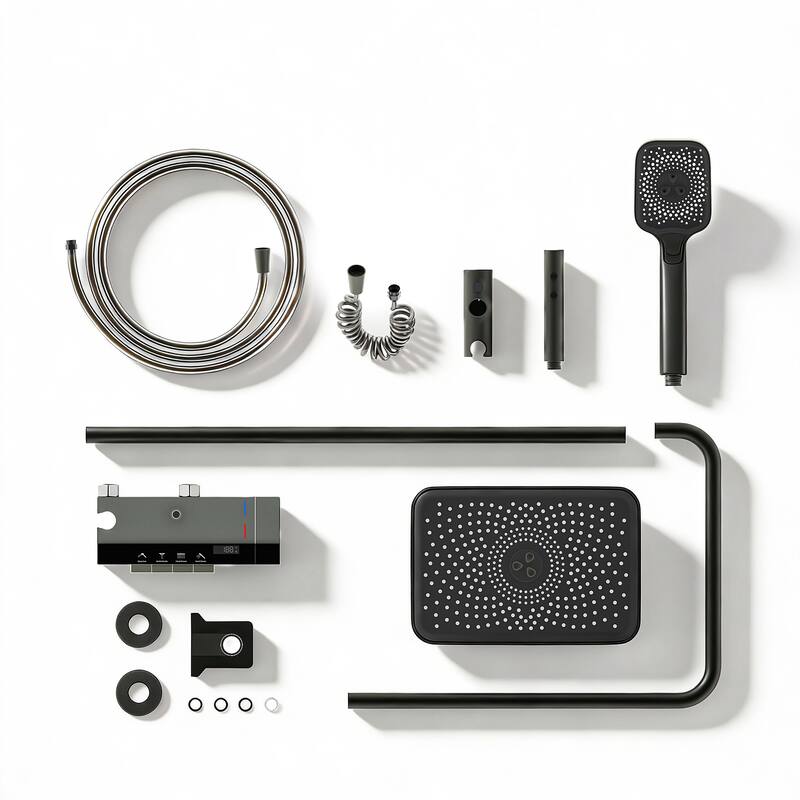 Thermostatic Shower System with Rainfall Shower Head, Adjustable Height Wall Mounted Shower Set