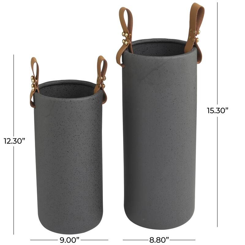 Ceramic Decorative Vase with Leather Handles - Set of 2 Black - Roche River Decor