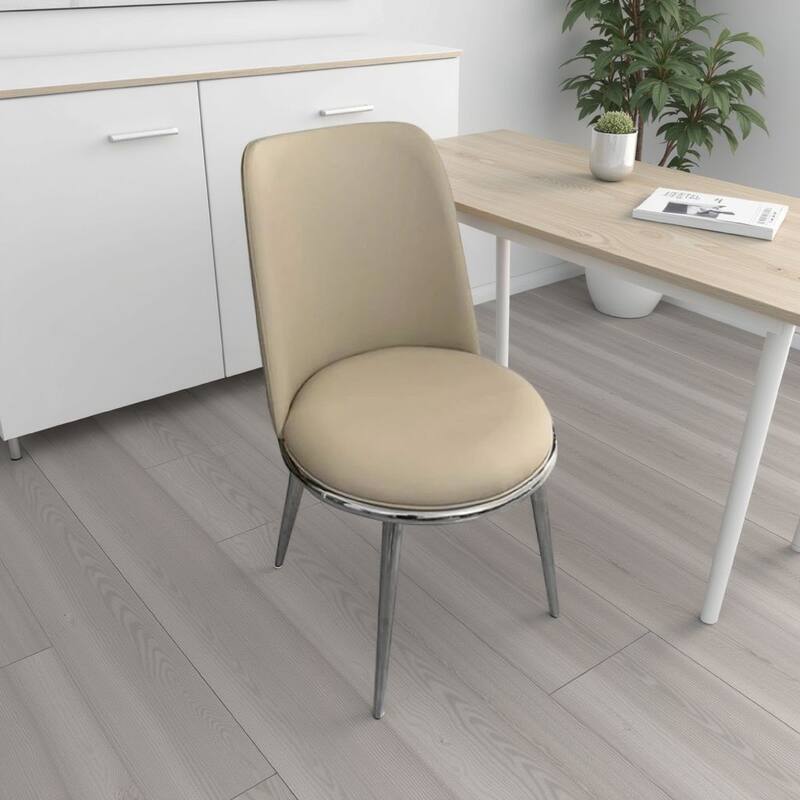 Relli Side Dining Chair Set of 2, Silver Metal, Taupe Faux Leather Round Seats
