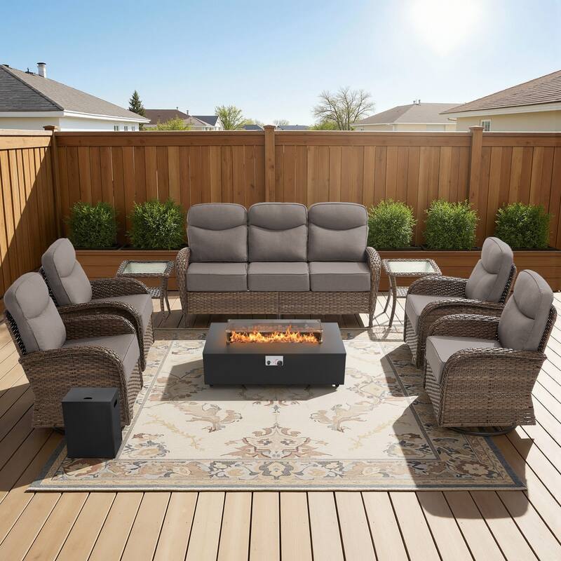 Luna 8-Piece Wicker Outdoor Patio Fire Pit Sofa Set with 6-Inch Thick Cushions