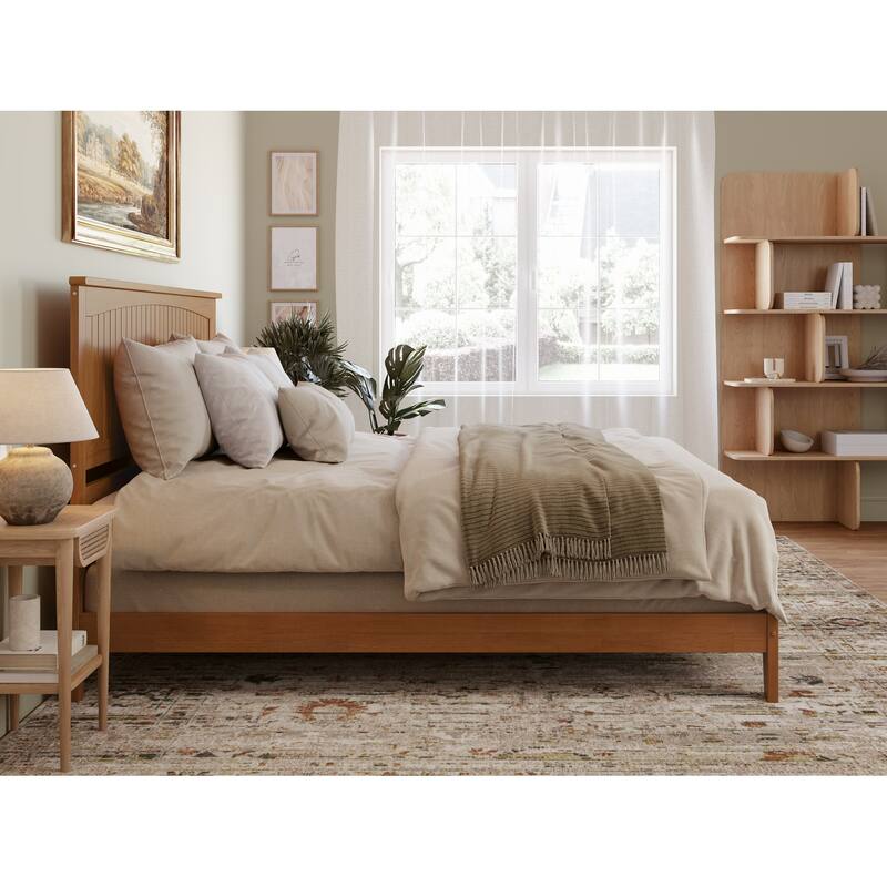 King Bed Frame with Charging Station - Solid Wood Foundation, Grooved Detailing, Light Toffee Finish