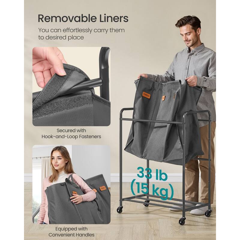 Slate Gray 3-Section Laundry Sorter with Wheels Durable Steel & Oxford Fabric Hamper - 170L