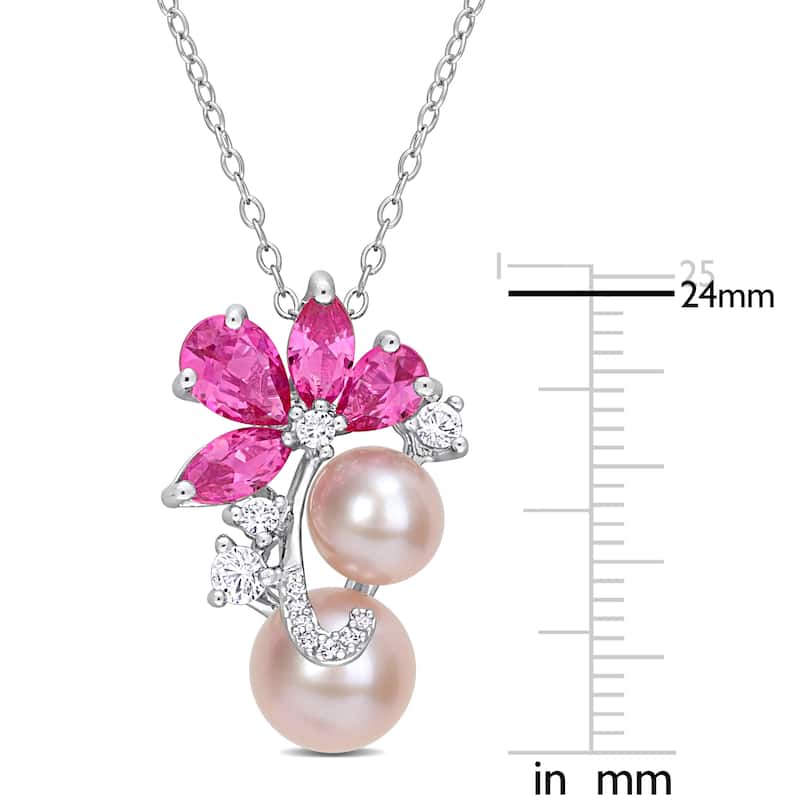 Miadora Pink Cultured Freshwater Pearl & 3 1/8 CT TGW Created Pink and White Sapphire Pendant with Chain in Sterling Silver