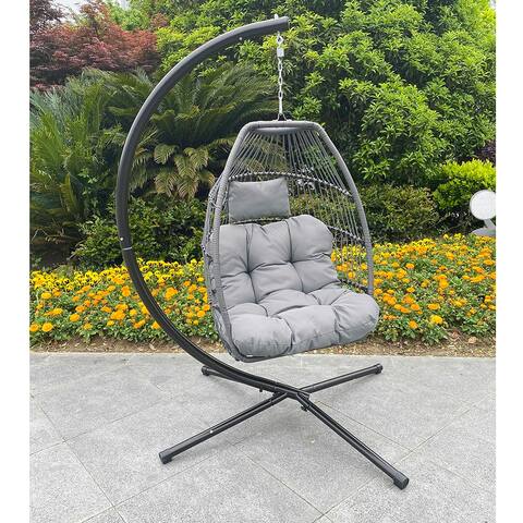 Outdoor Folding Hanging Chair, Rattan Egg Chair With C Type Bracket