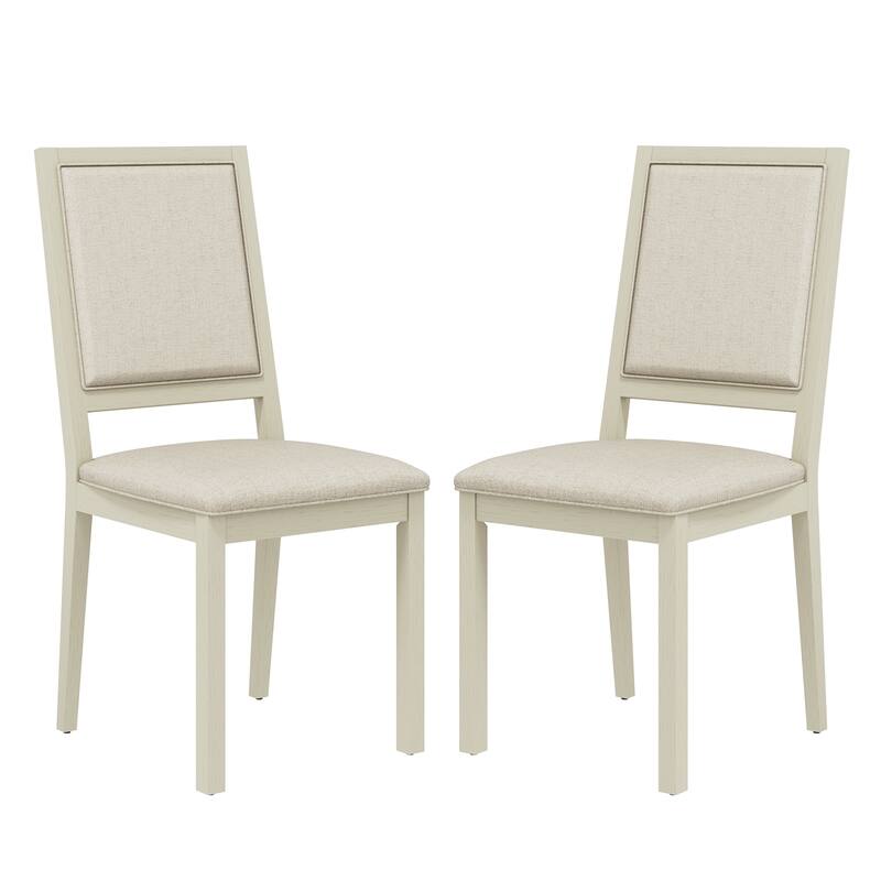 Farmhouse Set of 2 Upholstered Dining Chairs - Rustic Wood Legs & Fabric Seats for Kitchen, Dining Table - Ivory