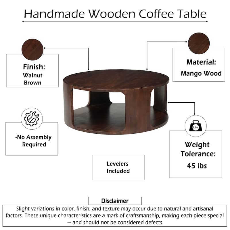 Bard Coffee Table, 38 Inch Round Top with Shelf, Walnut Brown Mango Wood Sculptural Frame