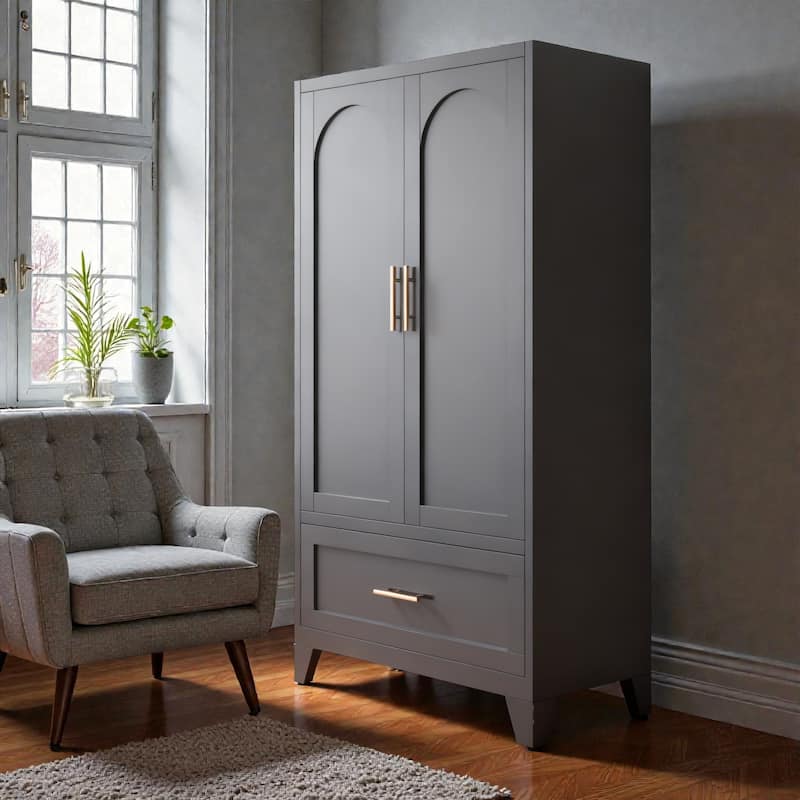 60 Inch Metal Wardrobe Cabinet with Drawer and Hanging Rod, 2 Door Steel Closet Storage with Shelf for Bedroom