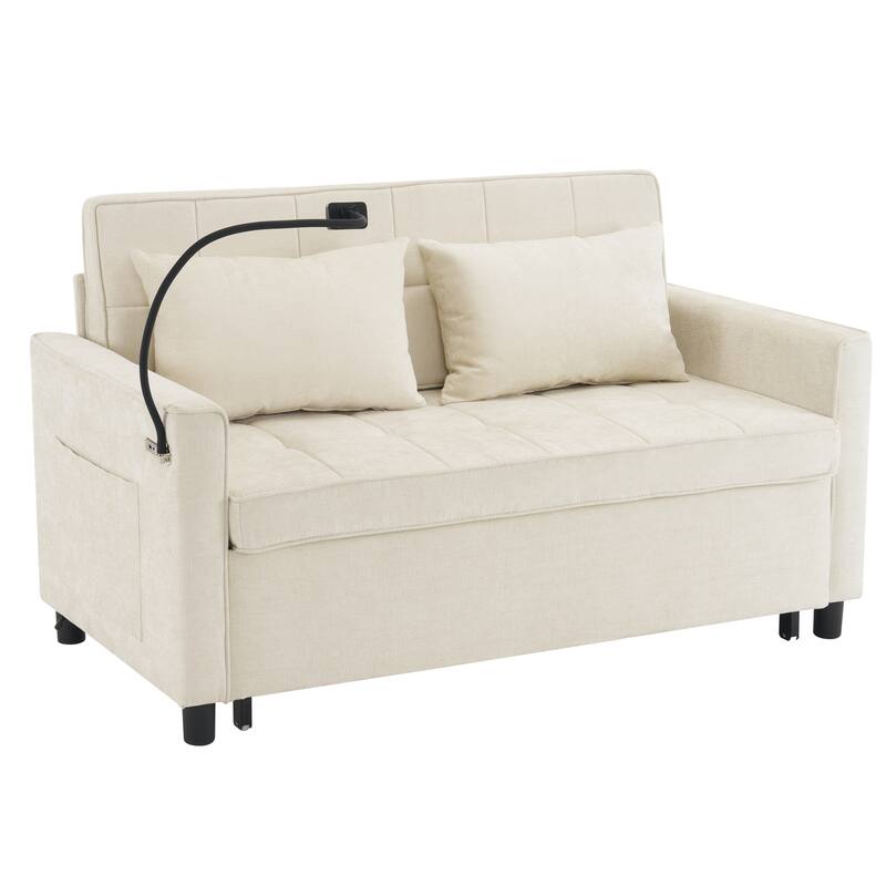 3 in 1 Sofa Couch Bed, Sleeper Sofa with Reversible Backrest Cushion, Loveseat Sofa with Side Pockets and Two USB Ports