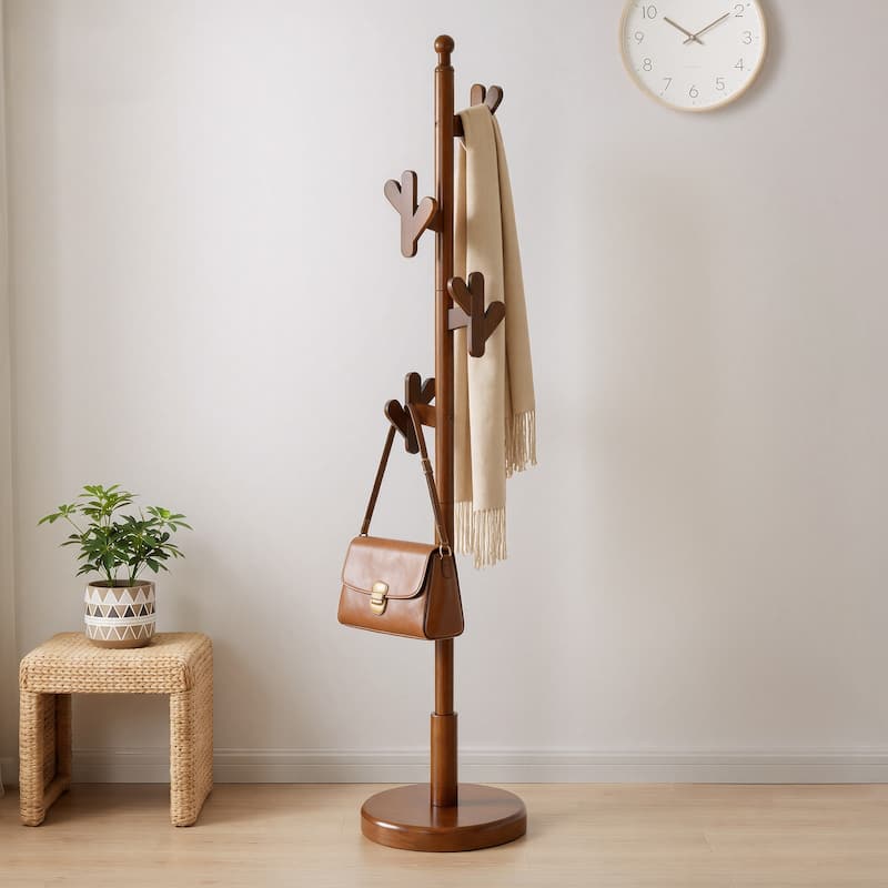 Solid Wood Coat Rack Freestanding Coat Tree Stand with 4 Creative Antler Hooks - 72"H x 15.7"W - Walnut