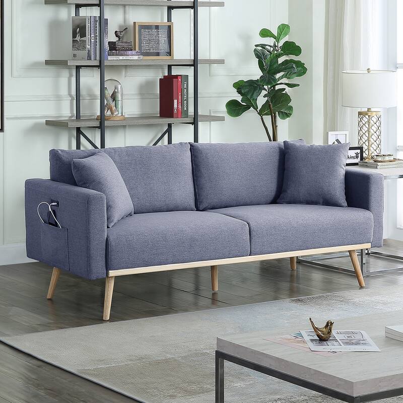 Linen Fabric Sofa with USB Charging Ports and 2 Pillows in Dark Gray