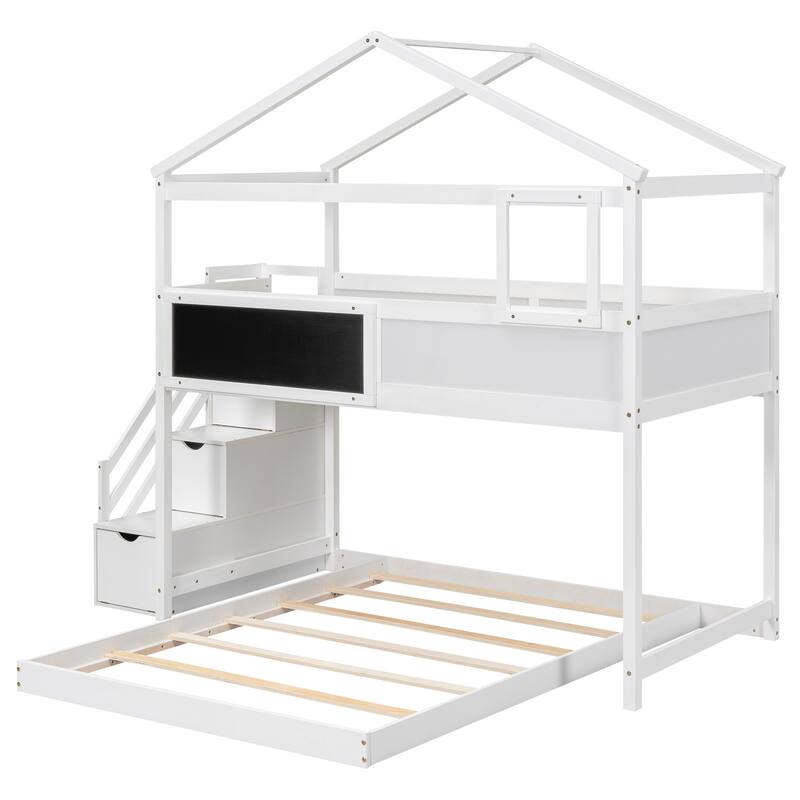 Twin Over Full Bunk Bed with Storage Staircase, Blackboard, and House Design