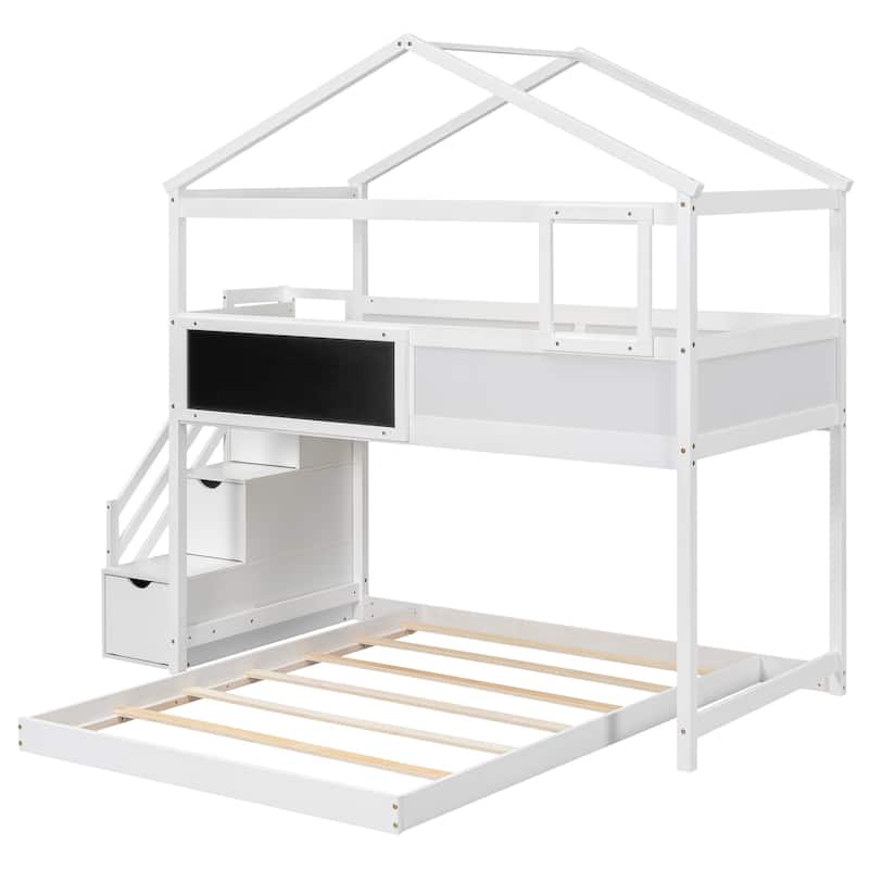 Twin Over Full House Bunk Bed With Storage Staircase And Blackboard