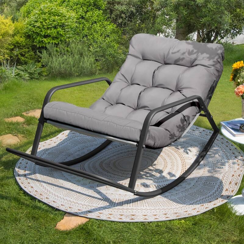 FINCATI Outdoor Indoor Oversized Papasan Rocking Chair with Cushion, Heavy Duty Metal Lounge Rocker, 450 lbs Capacity - 1 PC-Light Grey