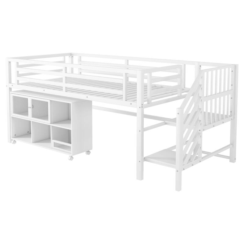 Twin Metal Loft Bed with Storage Cubby, Low Metal Loft Bed with Stairs for Kids