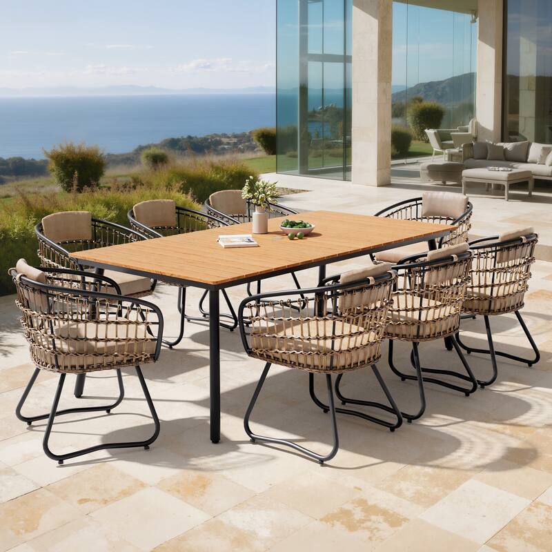 9PC Outdoor Patio Dining Set Aluminum Umbrella Hole Table with Rattan Chairs - BrownTable&GreyChairs