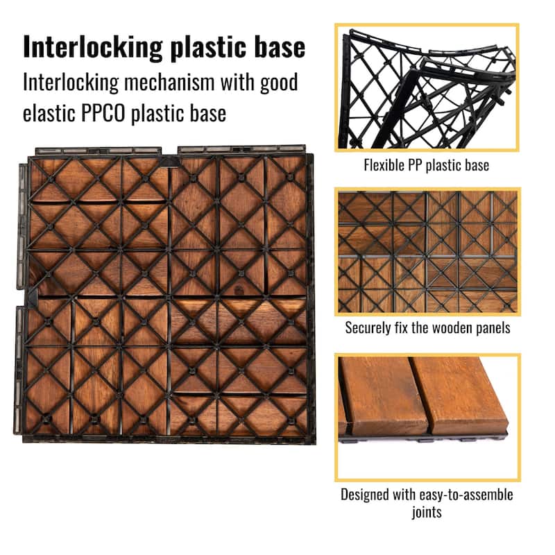 12"x12" Acacia Wood Interlocking Deck Tiles - Checker Pattern, Outdoor