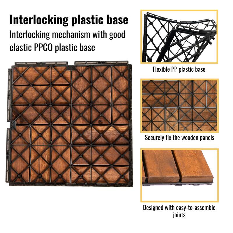 30 PCS Interlocking Deck Tiles Checker Pattern, 12" x 12" Square Acacia Hardwood Outdoor Flooring for Patio,Bancony,Pool Side