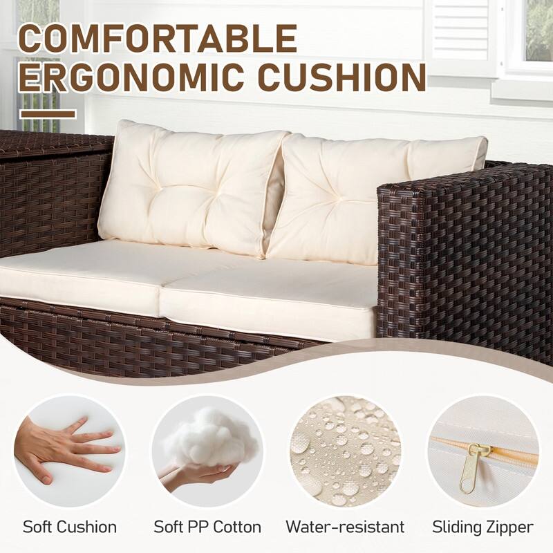 Patio 4-Piece Wicker Sectional Set with 2 Loveseats, Hydraulic Storage Box & Pet House Table