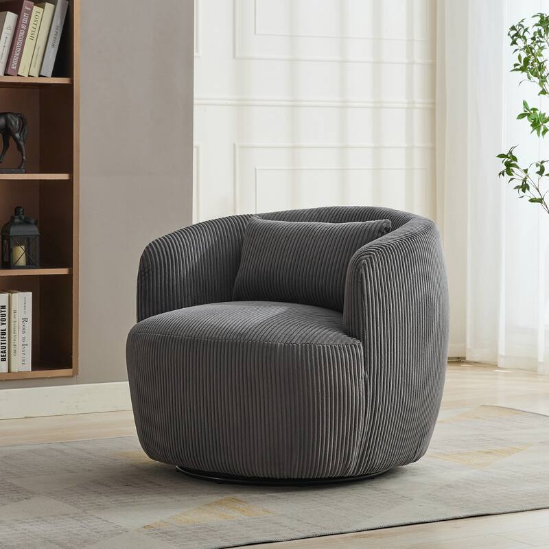Roomfitters Swivel Barrel Accent Chair, Upholstered Corduroy Reading Armchair with Pillow for Living Room or Bedroom