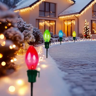 4 Lighted Multi Jumbo C7 Bulb Christmas Pathway Marker Lawn Stakes