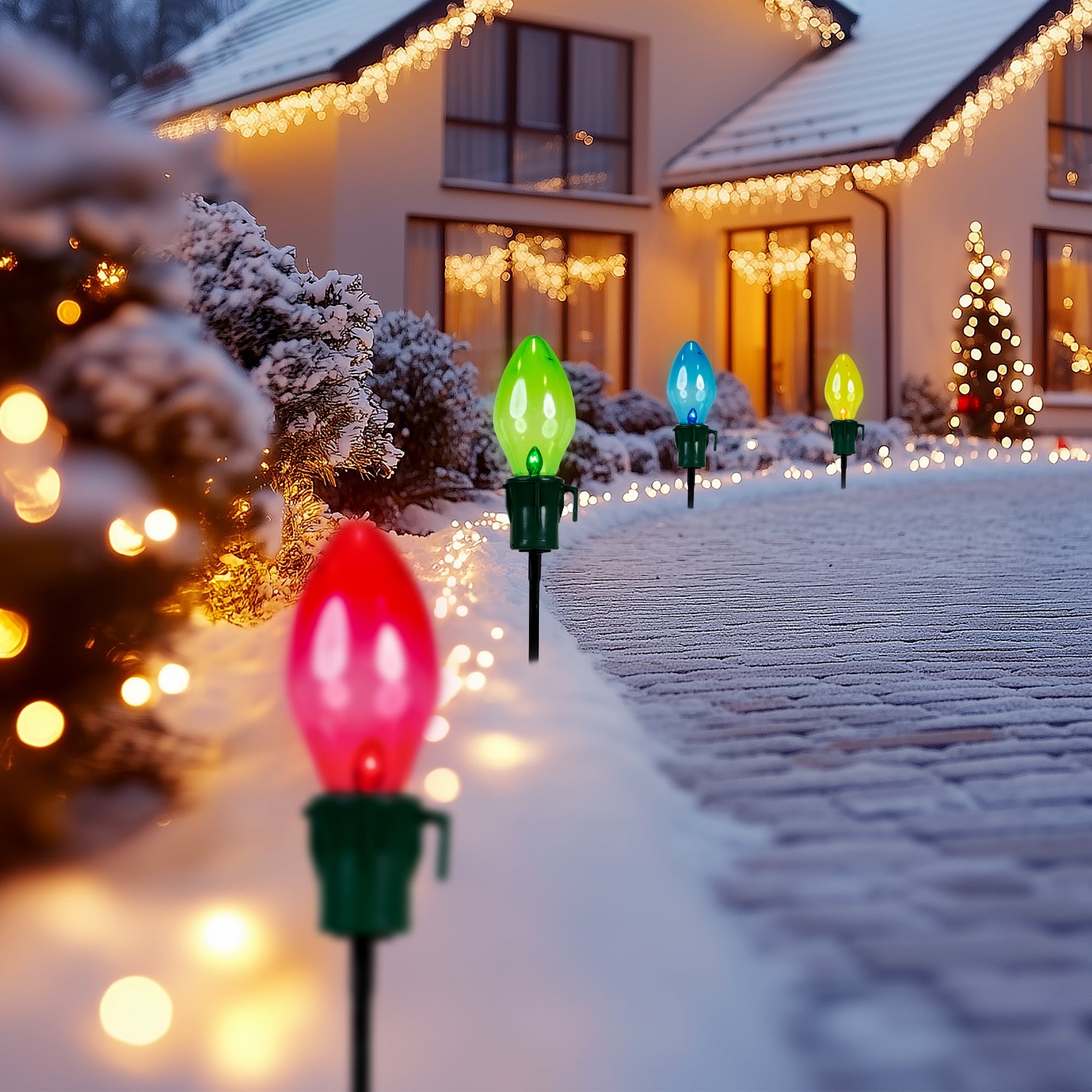4 Lighted Multi Jumbo C7 Bulb Christmas Pathway Marker Lawn Stakes
