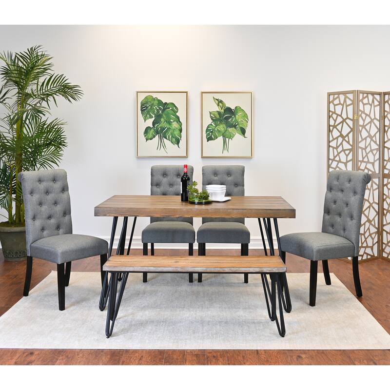 6-Piece Modern Dining Set with Hairpin Table & Tufted Chairs - Brown+Gray