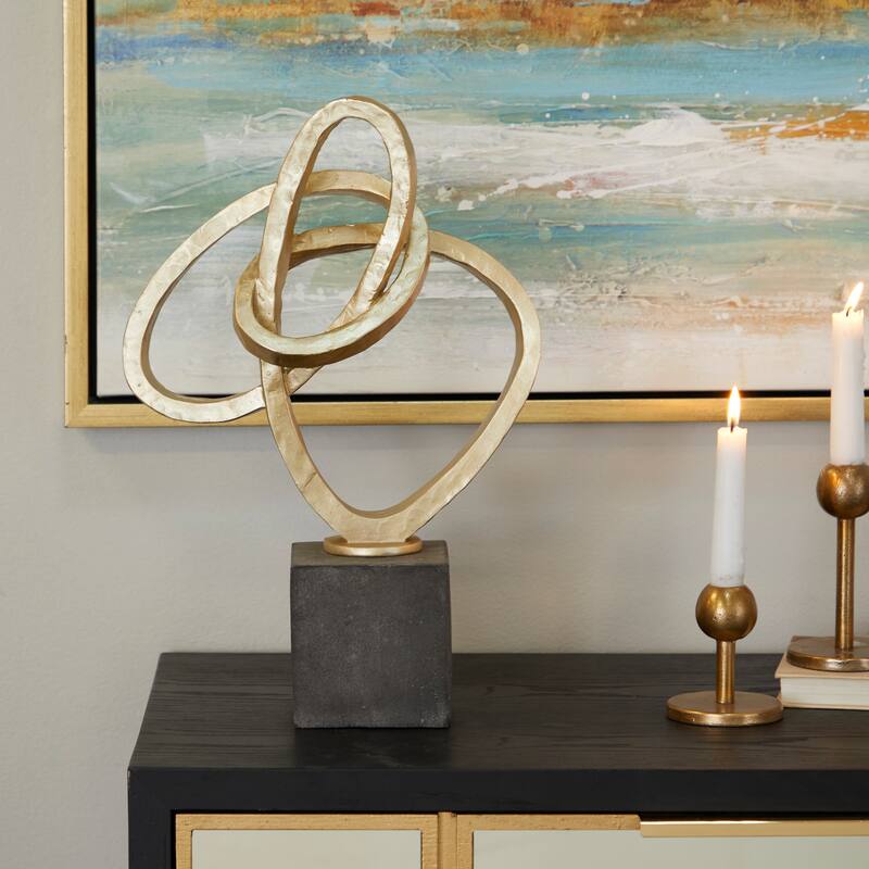 Gold Polystone Link Abstract Decorative Sculpture with Black Base - Gold