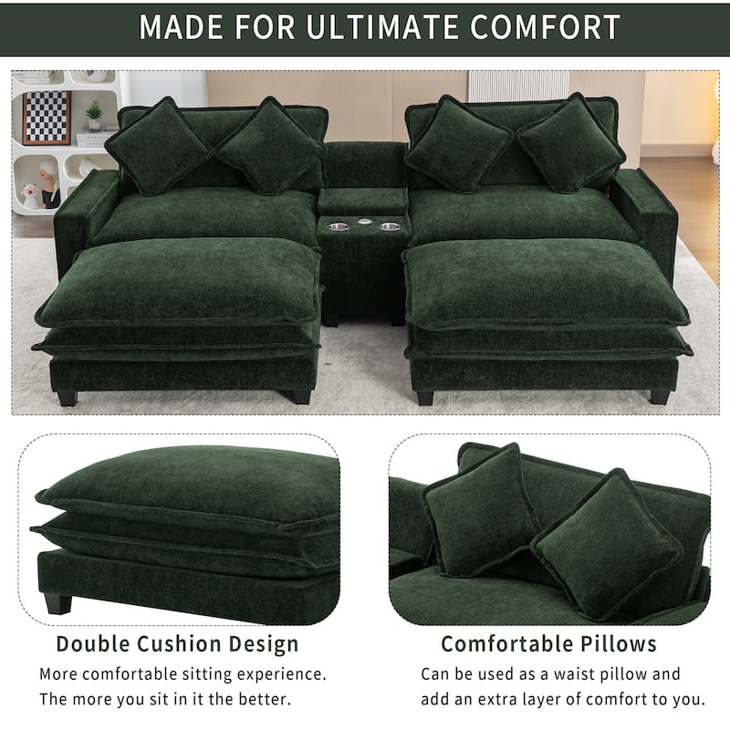 111" Chenille Sectional Sofa with 2 Ottomans, 2 USB Ports, 2 Cup Holders, Storage, Green