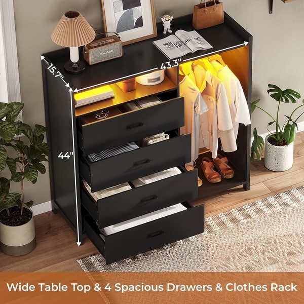 modern dresser with clothing rack Black Dresser With Hanging Rack, 5 Drawer Clothes Dresser With Charging  Station And Led Lights