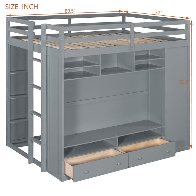 Full Size Loft Bed with Drawers, Shelves, and LED Light - Gray
