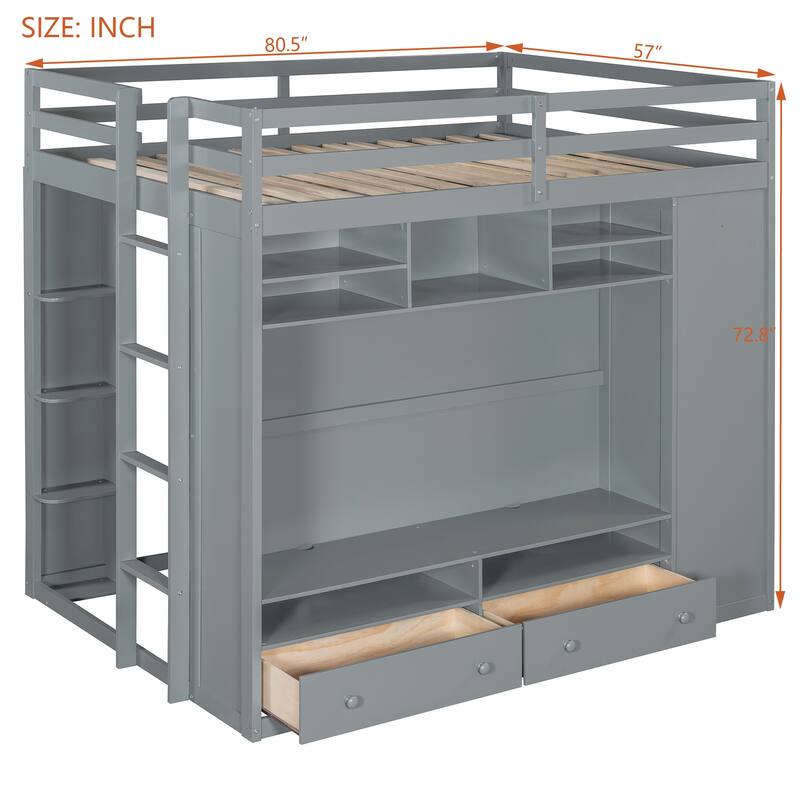 Full Size Loft Bed with Drawers, Shelves & Light