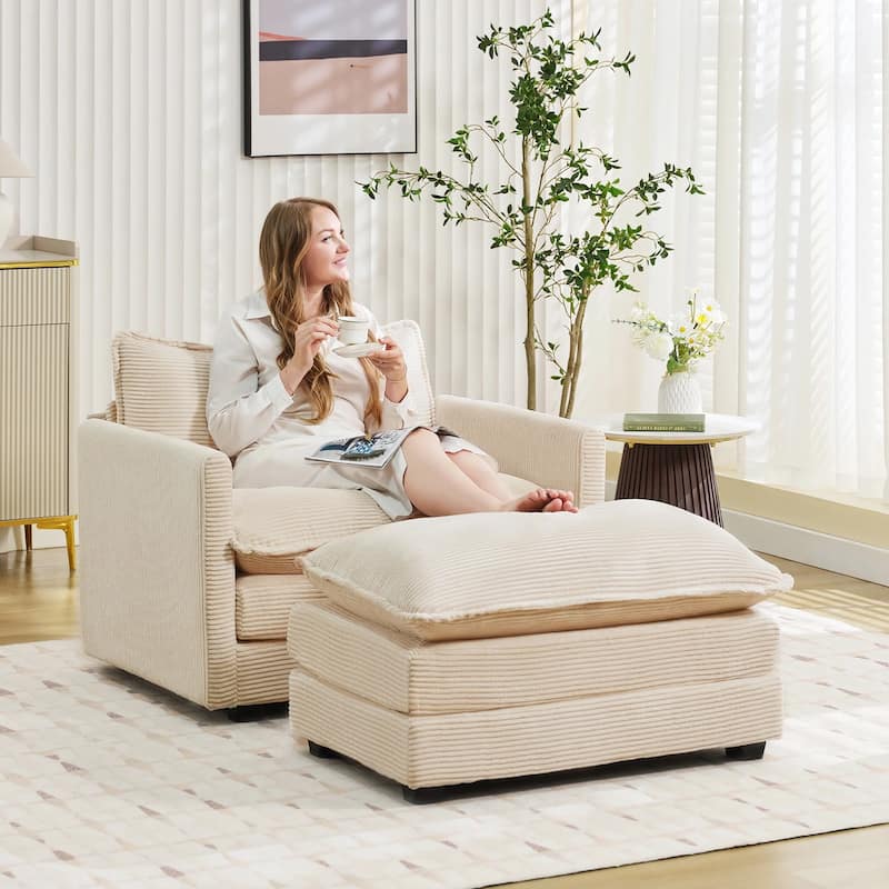 Oversized Corduroy Armchair with Plush Cushions and Movable Ottoman