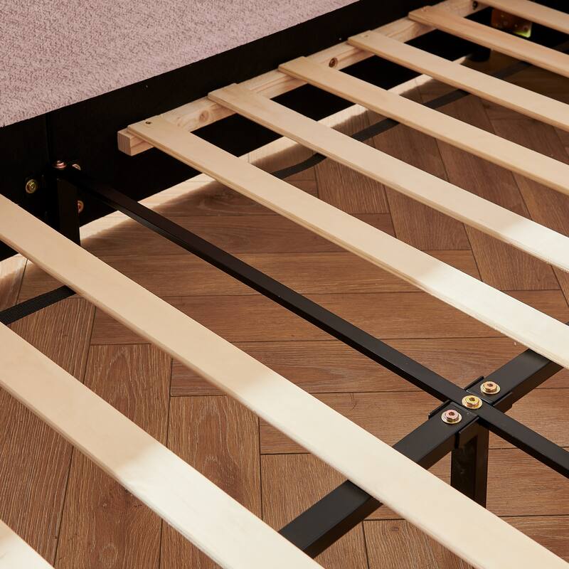 Full Size Upholstered Platform Bed with Cute Rabbit Ear Shaped Headboard, with Safety Rail and Pocket, Boucle Fabric