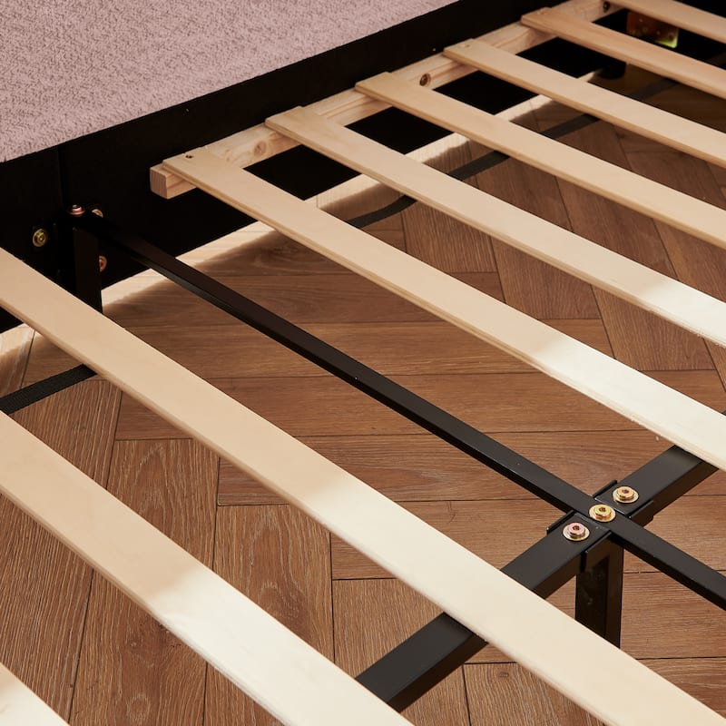 Upholstered Platform Bed with Safety Rail Pocket and RabbitEar Platform Bed w/Skin-friendly Boucle Wood Slat Support Bed Frame