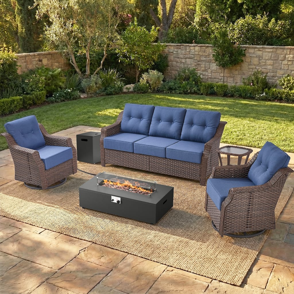 Pocassy Ptio 5 Piece Sofa Swivel Chair with Fire Pit Table