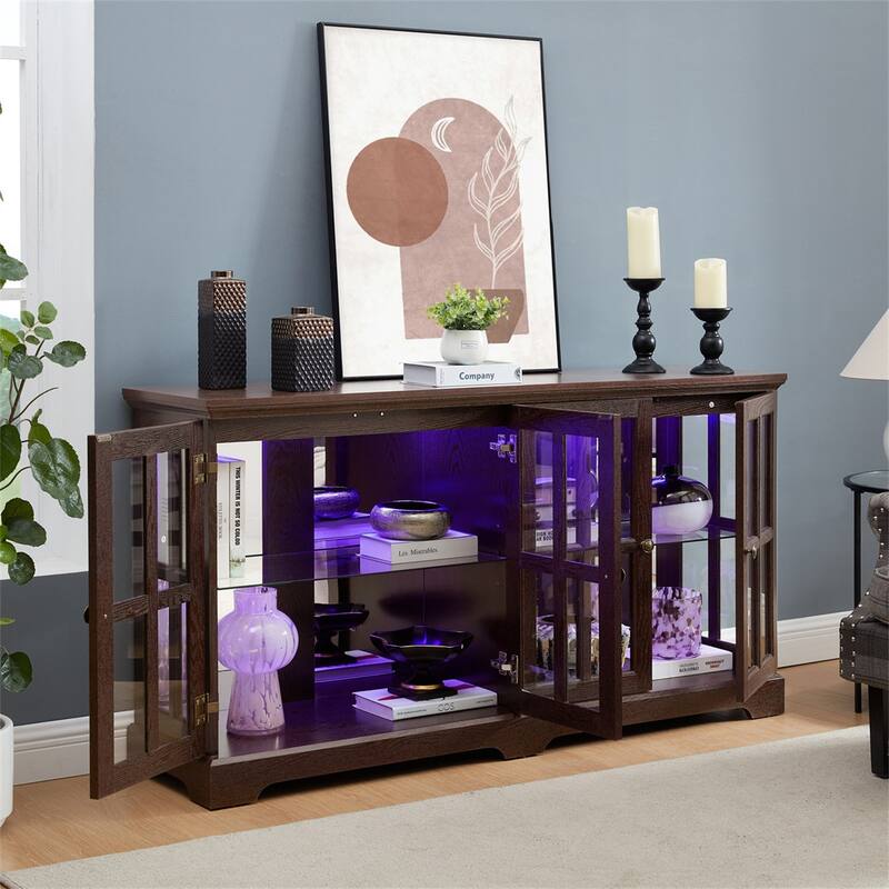 LED Antique Glass Curio Display Cabinet Showcase with 4 Lattice Doors