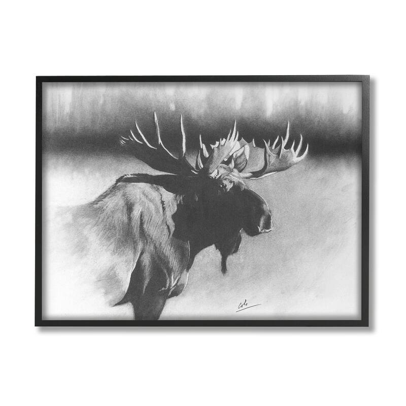 Stupell Moose in Rustic Forest Realistic Pencil Drawing Framed Wall Art - Grey - 24 x 30 - Black