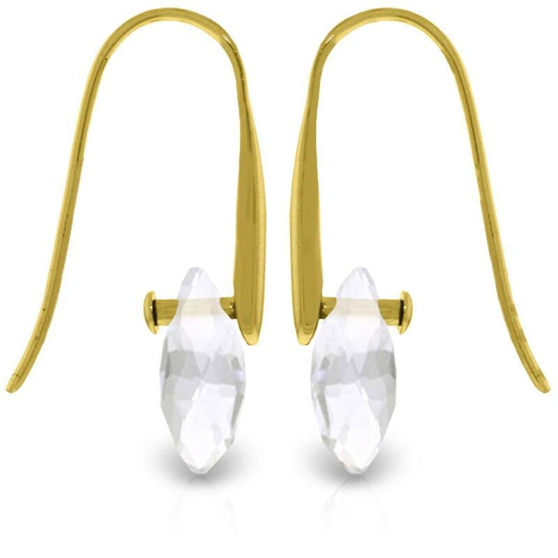 14K Solid Gold Fish Hook Earrings w/ Dangling Briolette White Topaz