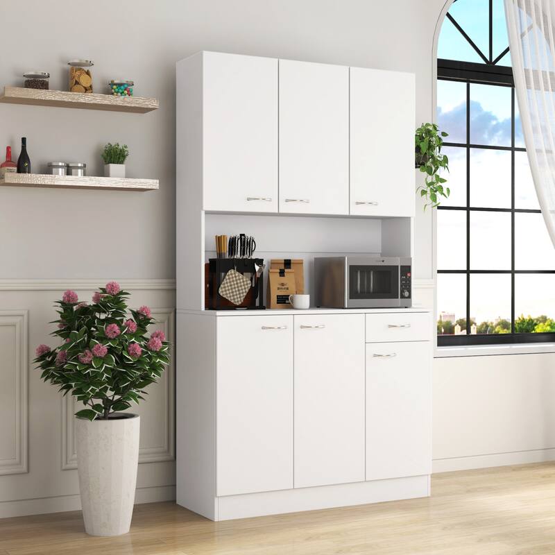 Roomfitters 70.87" Tall Kitchen Pantry Cabinet, Freestanding Buffet with 6 Doors, Drawer & Open Shelf - White