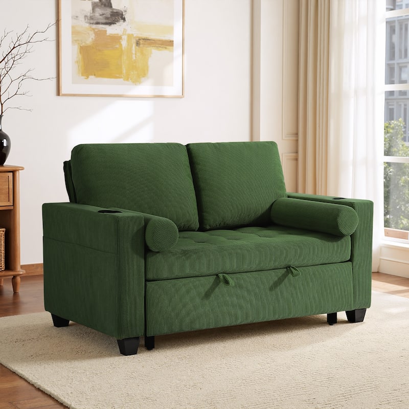 Corduroy Convertible Loveseat Sofa Bed Recliner with Cup Holder, USB Ports & Storage - Green