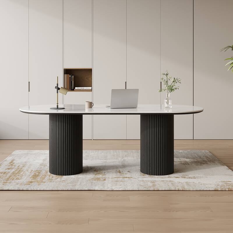 71" Modern Oval Writing Desk,Glossy White Office Table,with Double Solid Wood Legs, 3 Colors Optional