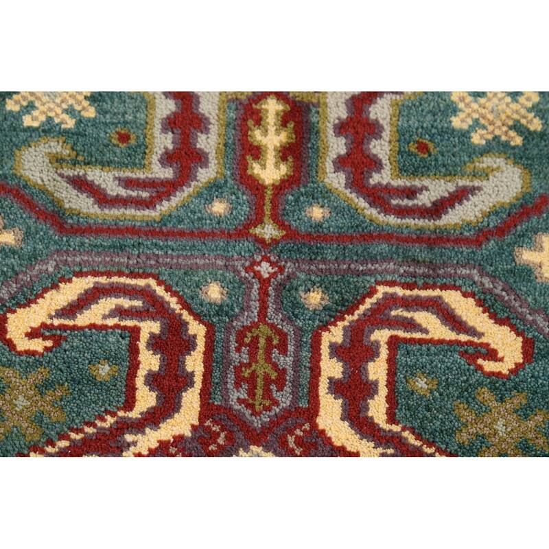 Green Geometric Kazak Runner Rug Hand-Knotted Wool Carpet - 2'5"x 9'8"