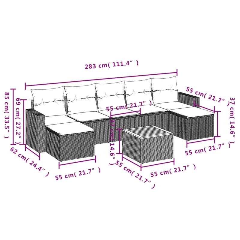 vidaXL Garden Sofa Set Black PE rattan 8 Piece Modular Garden Sofa Set - 24.4 x 25.8 x 27.2