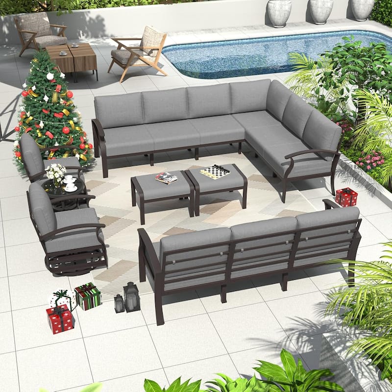 Kullavik Aluminum Corner Sofa Set, Patio Outdoor Sectional Sofa Set with Armrests and Footrests - 13 Seats/Swivel - Grey