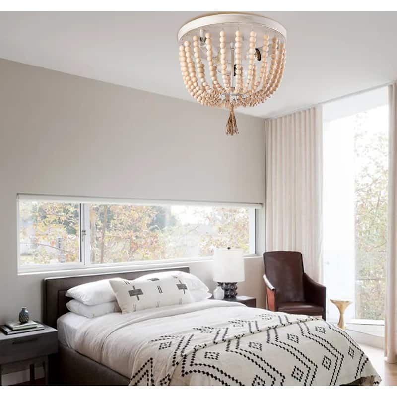 3-Light Wood Bead Chandelier Rustic Flush Mount Ceiling Light Fixture - 10.2x12.6inch (Hx Dia)