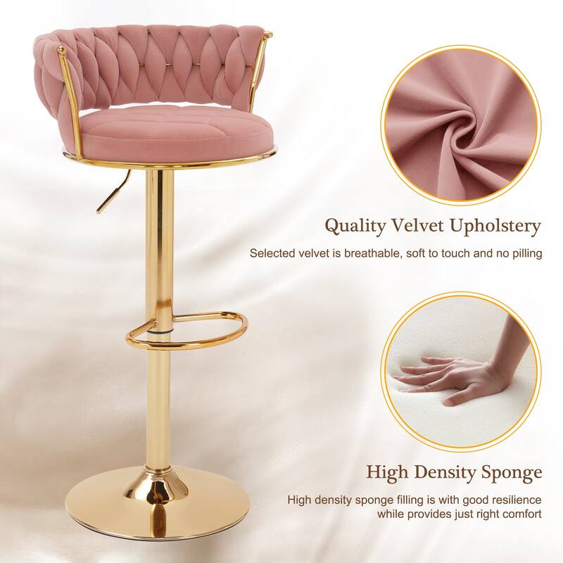Javlergo Bar Stools Set of 2, Velvet Swivel Bar Stools, Adjustable Height Barstool with Woven Back & Footrest
