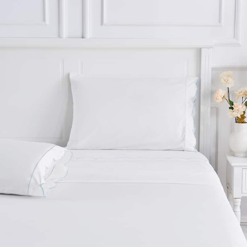 Percale Cotton Scalloped Embroidered Crisp Sheet Set