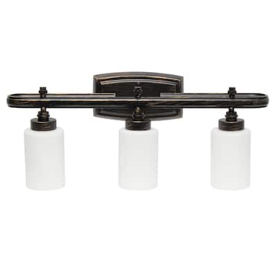 Wall Mounted Three Light Vanity Fixture with Cylinder Glass Shade - 23.5" - Oil Rubbed Bronze and White